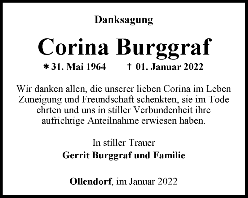  Traueranzeige für Corina Burggraf vom 29.01.2022 aus Thüringer Allgemeine, Thüringische Landeszeitung