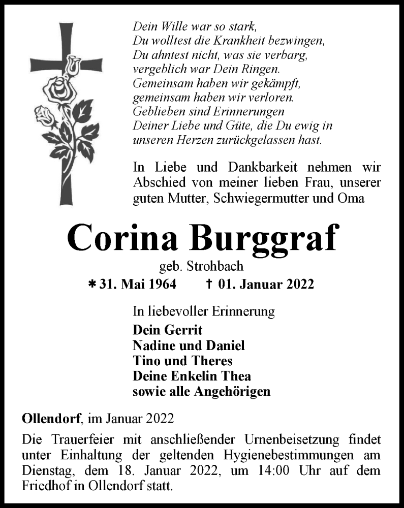  Traueranzeige für Corina Burggraf vom 15.01.2022 aus Thüringer Allgemeine, Thüringische Landeszeitung