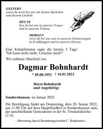 Traueranzeige von Dagmar Bohnhardt von Thüringer Allgemeine
