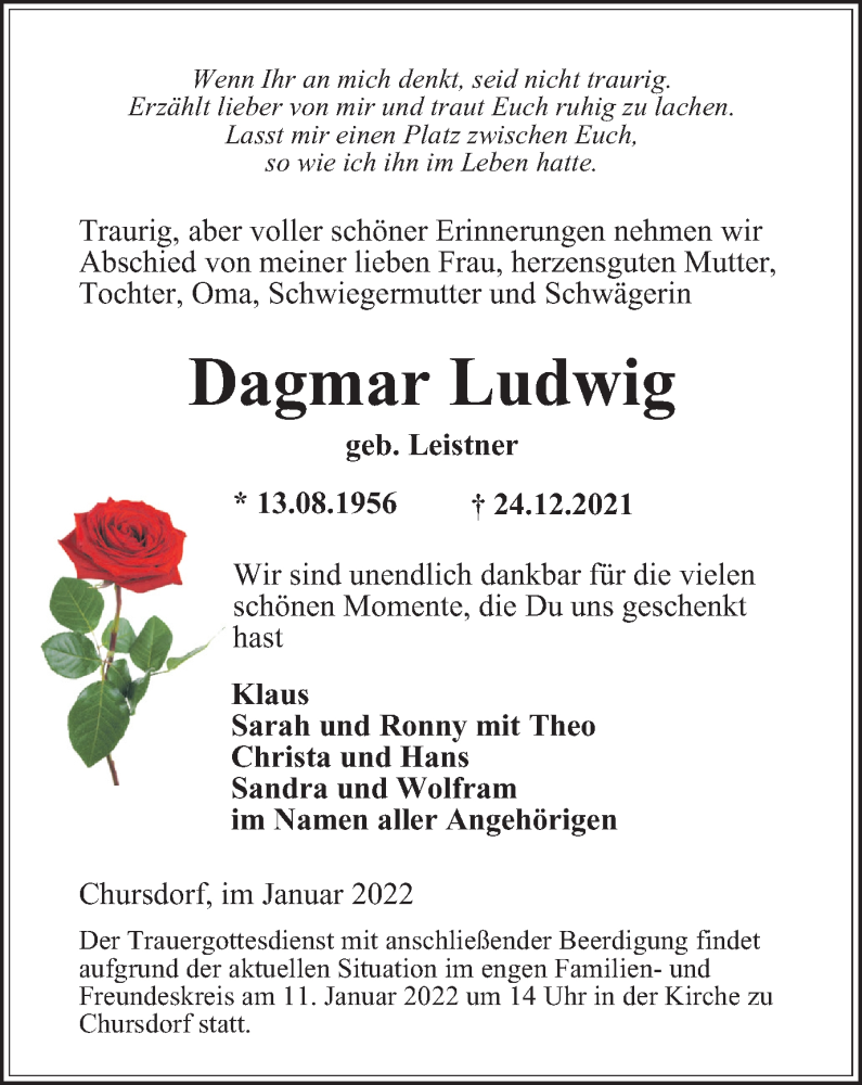  Traueranzeige für Dagmar Ludwig vom 06.01.2022 aus Ostthüringer Zeitung