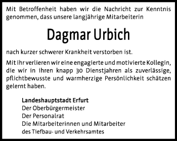 Traueranzeige von Dagmar Urbich von Thüringer Allgemeine, Thüringische Landeszeitung