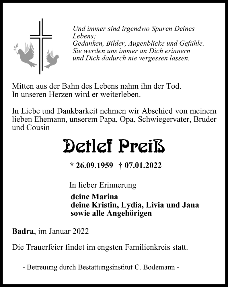  Traueranzeige für Detlef Preiß vom 15.01.2022 aus Thüringer Allgemeine