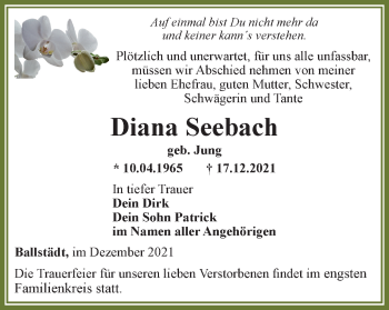 Traueranzeige von Diana Seebach von Thüringer Allgemeine, Thüringische Landeszeitung