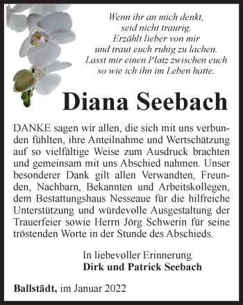 Traueranzeige von Diana Seebach von Thüringer Allgemeine, Thüringische Landeszeitung