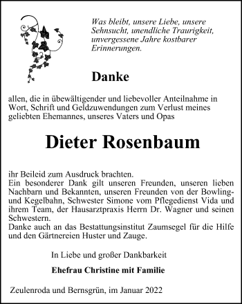 Traueranzeige von Dieter Rosenbaum von Ostthüringer Zeitung