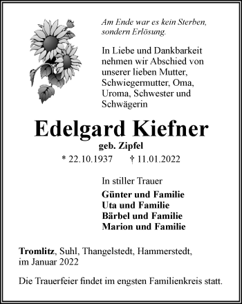 Traueranzeige von Edelgard Kiefner von Thüringer Allgemeine, Thüringische Landeszeitung