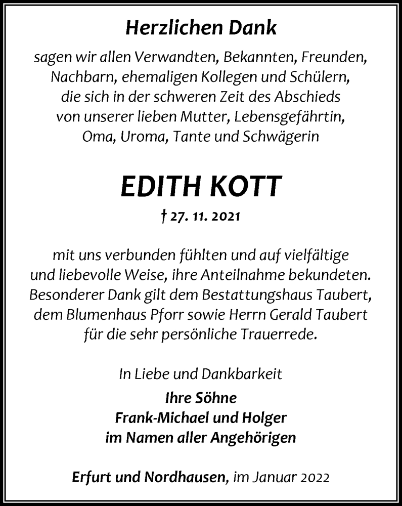  Traueranzeige für Edith Kott vom 12.01.2022 aus Thüringer Allgemeine, Thüringische Landeszeitung