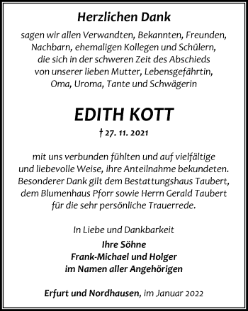 Traueranzeige von Edith Kott von Thüringer Allgemeine, Thüringische Landeszeitung