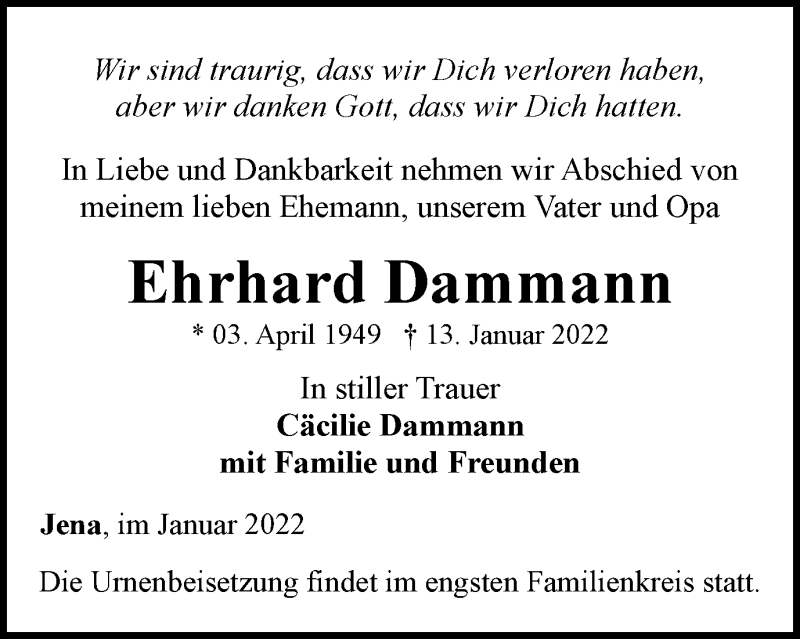  Traueranzeige für Ehrhard Dammann vom 15.01.2022 aus Ostthüringer Zeitung, Thüringische Landeszeitung