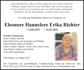 Traueranzeige von Eleonore Hannelore Erika Richter von Thüringer Allgemeine, Thüringische Landeszeitung