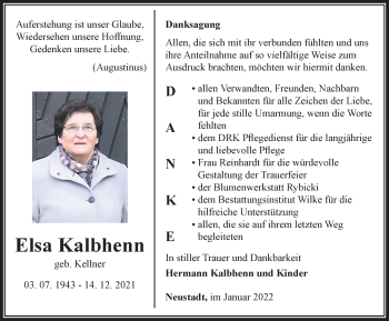 Traueranzeige von Elsa Kalbhenn von Thüringer Allgemeine