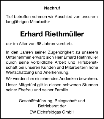Traueranzeige von Erhard Riethmüller von Thüringer Allgemeine