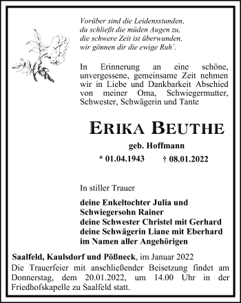 Traueranzeige von Erika Beuthe von Ostthüringer Zeitung