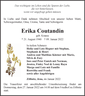 Traueranzeige von Erika Coutandin von Ostthüringer Zeitung, Thüringische Landeszeitung