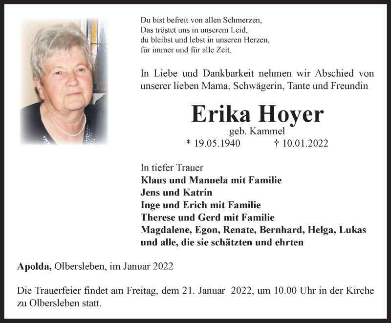  Traueranzeige für Erika Hoyer vom 15.01.2022 aus Thüringer Allgemeine
