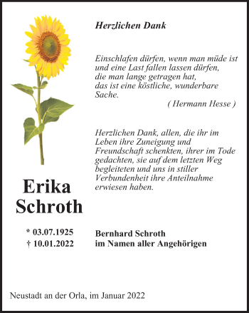 Traueranzeige von Erika Schroth