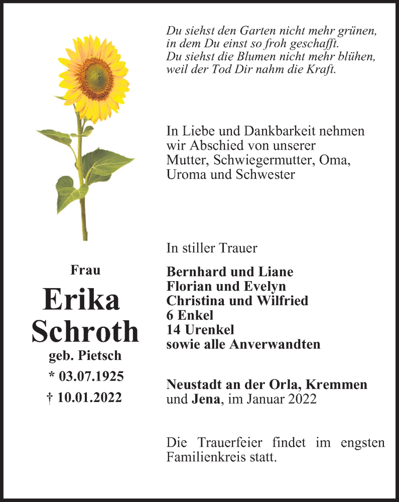  Traueranzeige für Erika Schroth vom 14.01.2022 aus Ostthüringer Zeitung