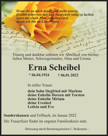 Traueranzeige von Erna Scheibel von Thüringer Allgemeine