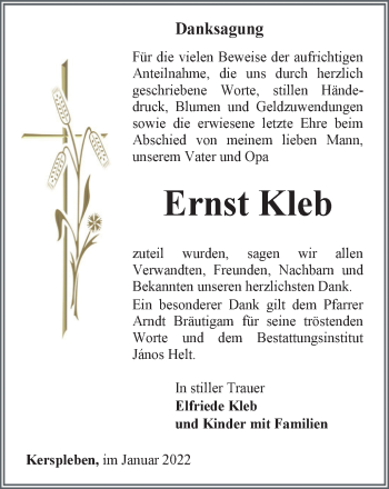 Traueranzeige von Ernst Kleb von Thüringer Allgemeine, Thüringische Landeszeitung