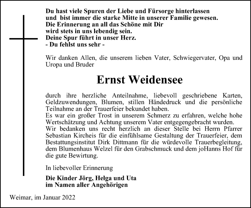  Traueranzeige für Ernst Weidensee vom 29.01.2022 aus Thüringer Allgemeine, Thüringische Landeszeitung