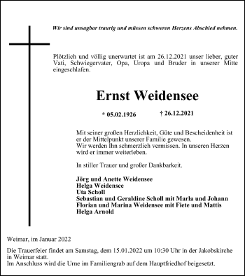 Traueranzeige von Ernst Weidensee von Thüringer Allgemeine, Thüringische Landeszeitung