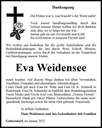 Traueranzeige von Eva Weidensee von Ostthüringer Zeitung