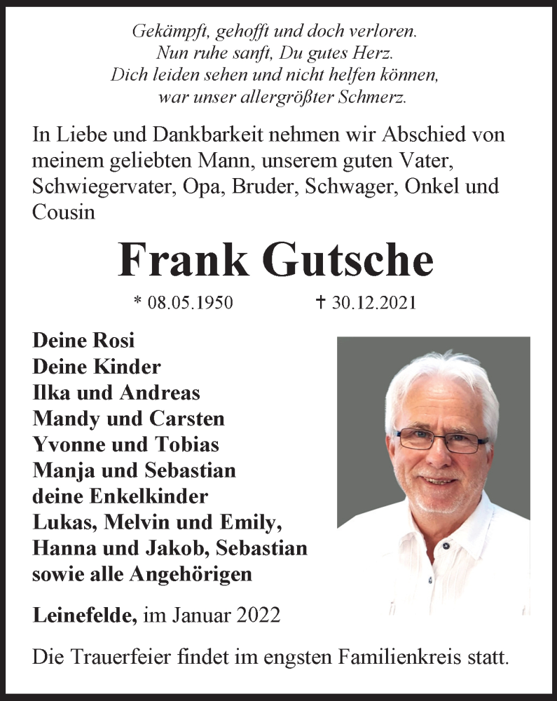  Traueranzeige für Frank Gutsche vom 15.01.2022 aus Thüringer Allgemeine