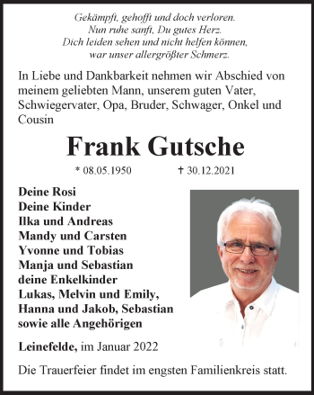 Traueranzeige von Frank Gutsche von Thüringer Allgemeine