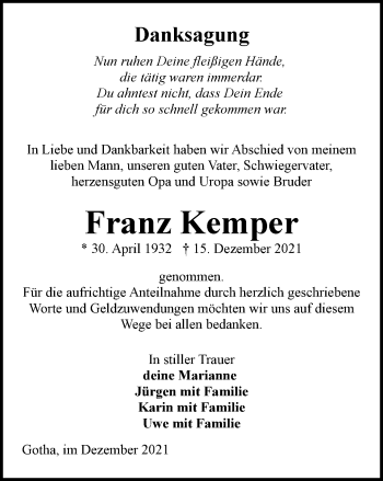 Traueranzeige von Franz Kemper