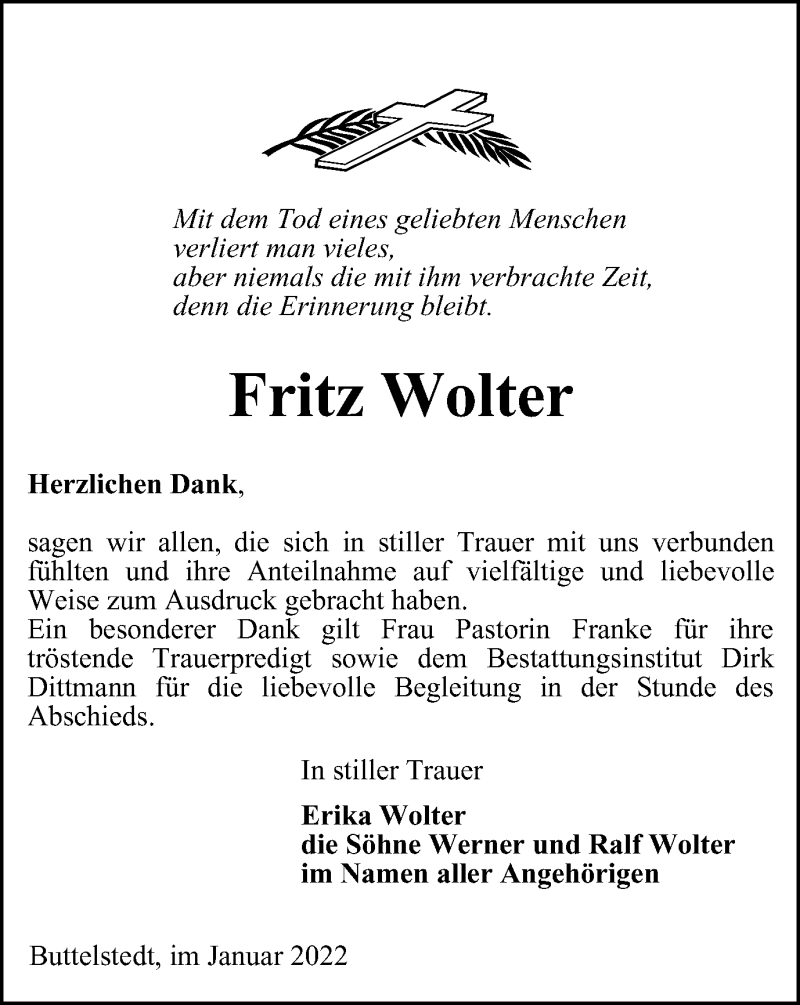  Traueranzeige für Fritz Wolter vom 29.01.2022 aus Thüringer Allgemeine, Thüringische Landeszeitung