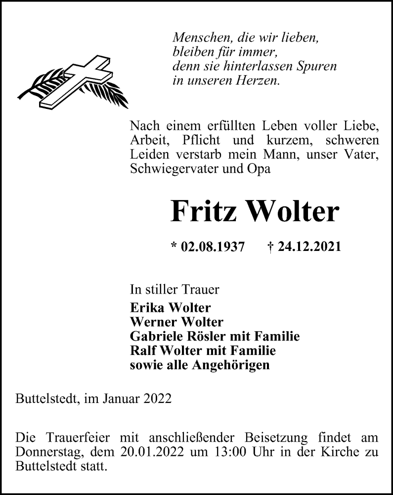  Traueranzeige für Fritz Wolter vom 08.01.2022 aus Thüringer Allgemeine, Thüringische Landeszeitung