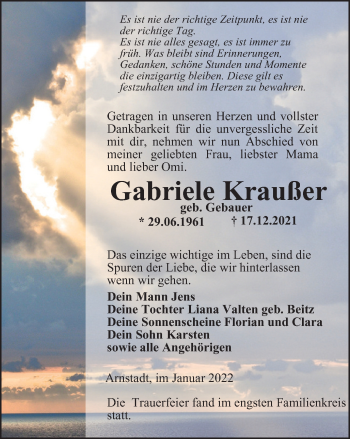 Traueranzeige von Gabriele Kraußer von Thüringer Allgemeine