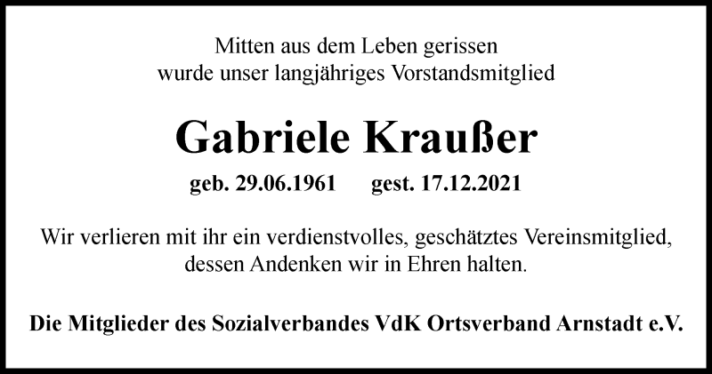  Traueranzeige für Gabriele Kraußer vom 29.01.2022 aus Thüringer Allgemeine