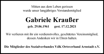 Traueranzeige von Gabriele Kraußer von Thüringer Allgemeine