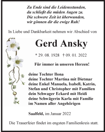 Traueranzeige von Gerd Ansky von Ostthüringer Zeitung
