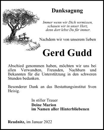 Traueranzeige von Gerd Gudd von Ostthüringer Zeitung