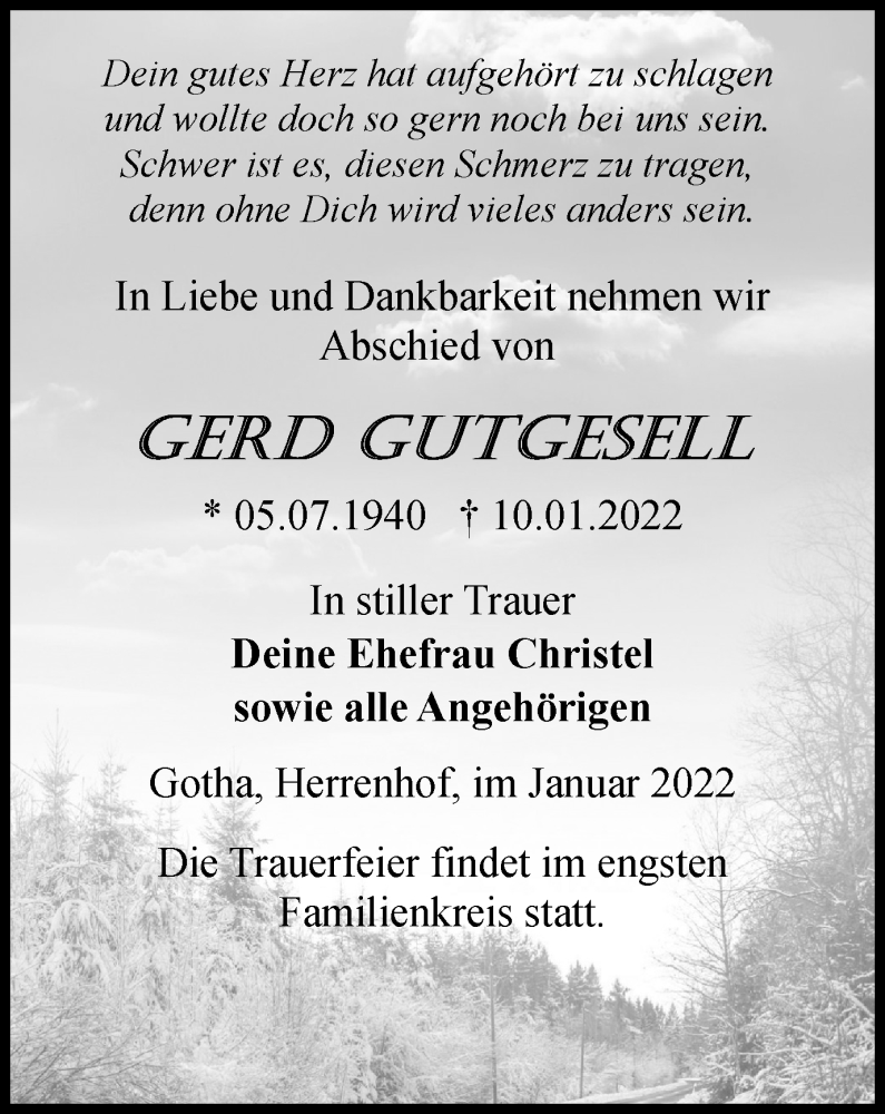  Traueranzeige für Gerd Gutgesell vom 22.01.2022 aus Thüringer Allgemeine, Thüringische Landeszeitung