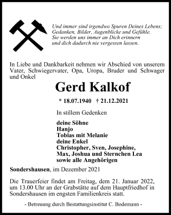 Traueranzeige von Gerd Kalkof