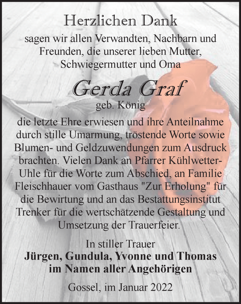  Traueranzeige für Gerda Graf vom 15.01.2022 aus Thüringer Allgemeine