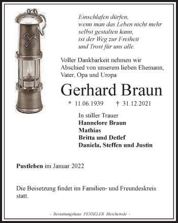 Traueranzeige von Gerhard Braun von Thüringer Allgemeine