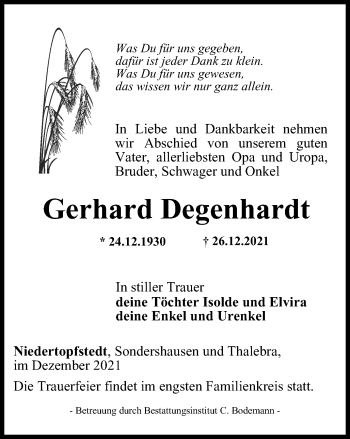 Traueranzeige von Gerhard Degenhardt von Thüringer Allgemeine