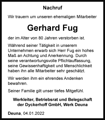 Traueranzeige von Gerhard Fug von Thüringer Allgemeine