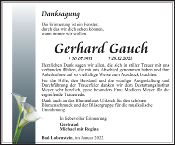 Traueranzeige von Gerhard Gauch von Ostthüringer Zeitung