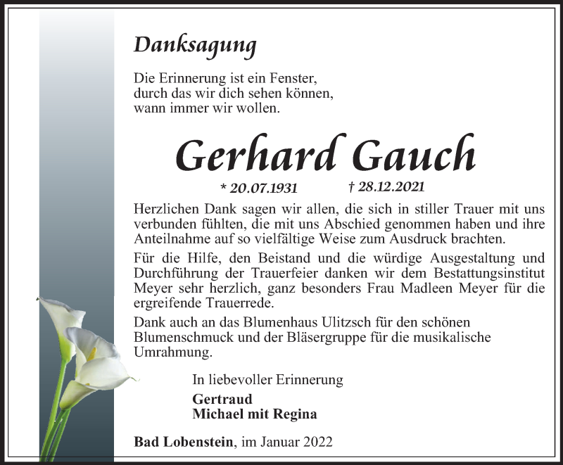  Traueranzeige für Gerhard Gauch vom 15.01.2022 aus Ostthüringer Zeitung