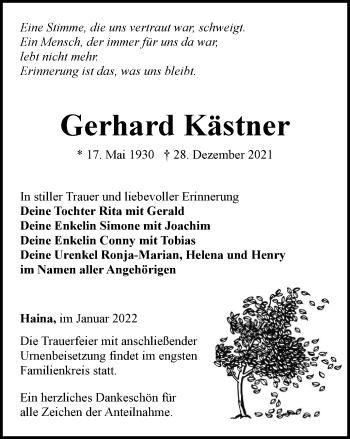 Traueranzeige von Gerhard Kästner