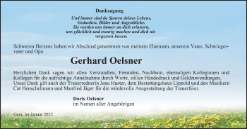 Traueranzeige von Gerhard Oelsner von Ostthüringer Zeitung