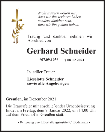 Traueranzeige von Gerhard Schneider