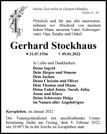 Traueranzeige von Gerhard Stockhaus von Thüringer Allgemeine, Thüringische Landeszeitung