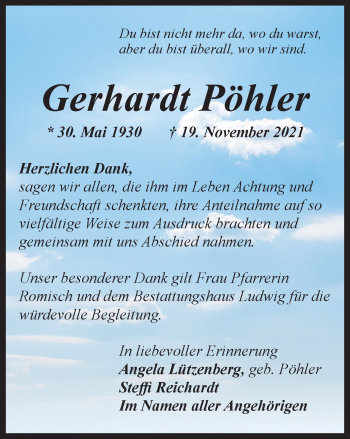 Traueranzeige von Gerhardt Pöhler von Ostthüringer Zeitung