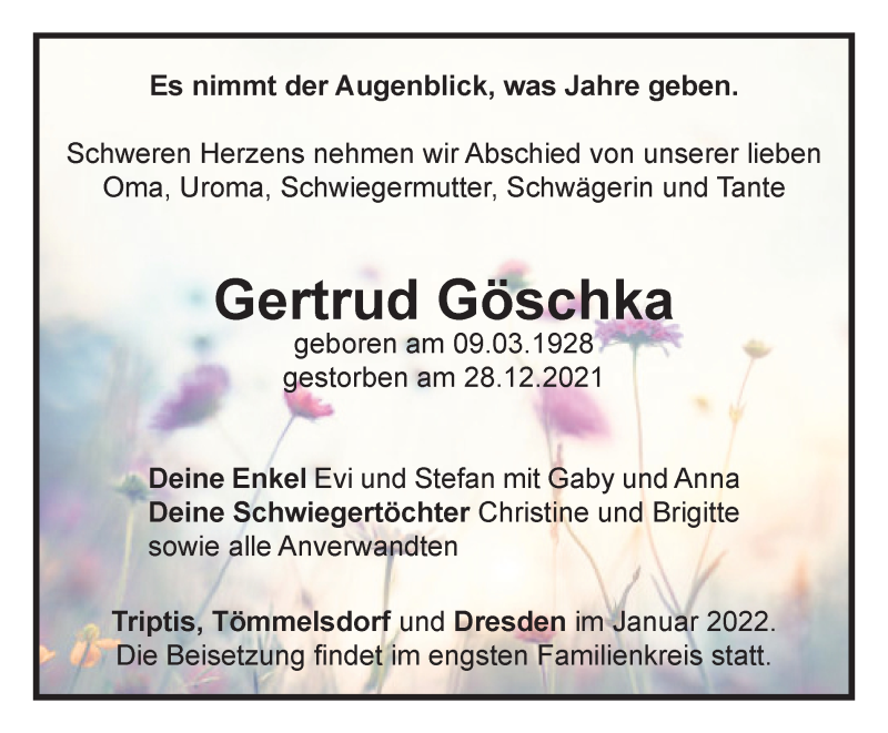  Traueranzeige für Gertrud Göschka vom 08.01.2022 aus Ostthüringer Zeitung